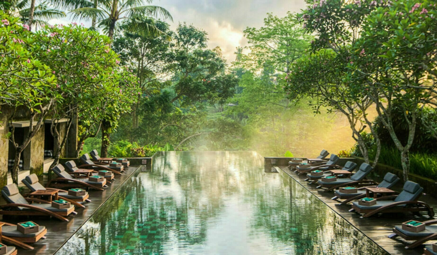 Ein Pool mit Liegestühlen und Bäumen im Hintergrund.