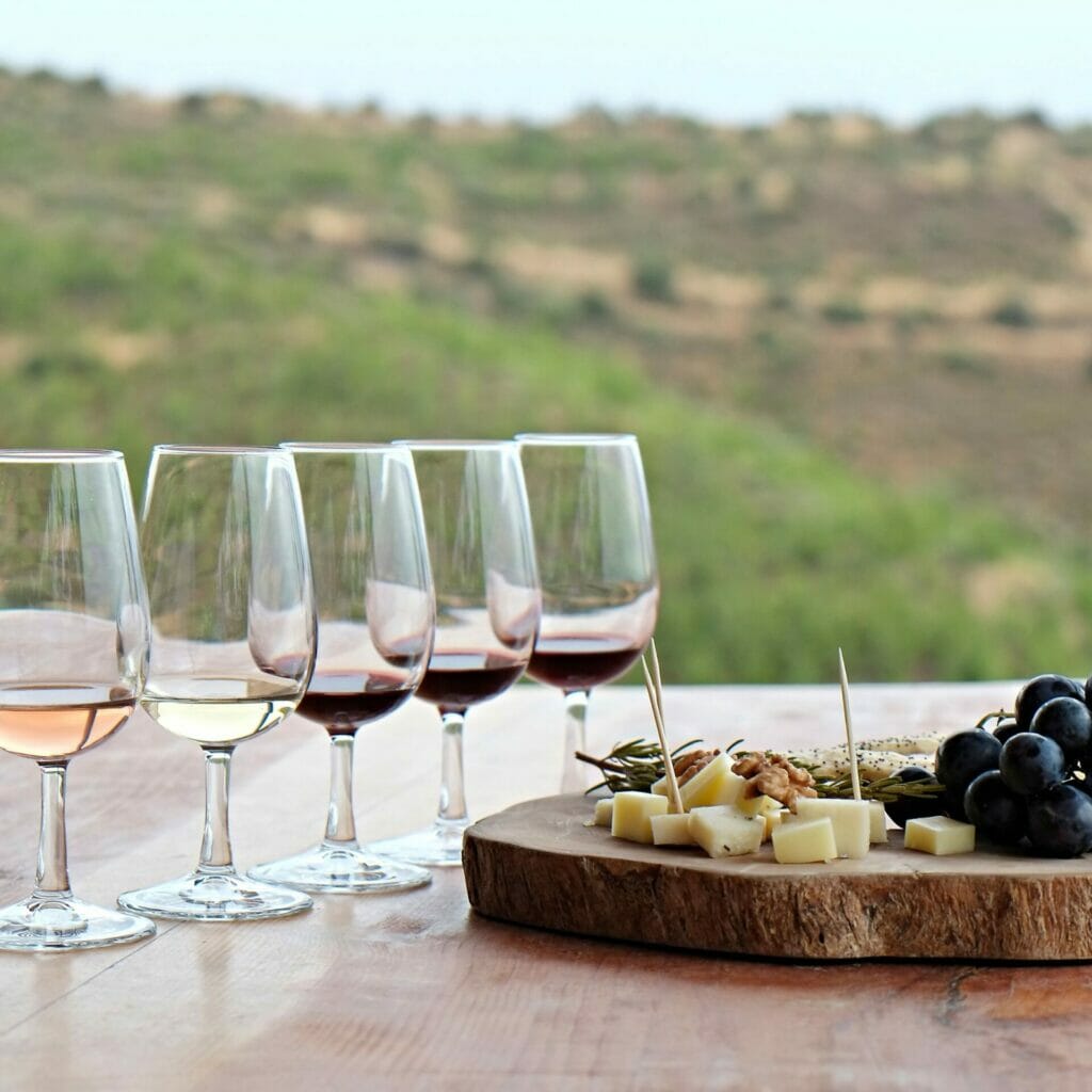 Eine Gruppe Weingläser und Trauben auf einem Holzbrett.